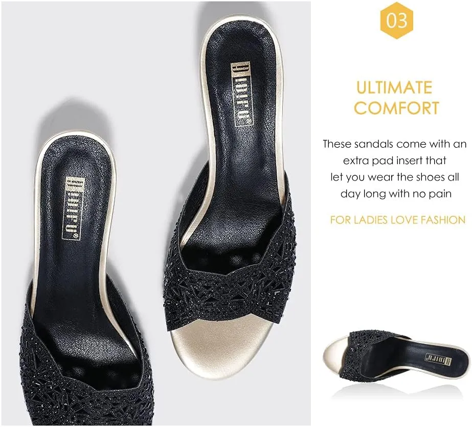 IDIFU Womens Silver Gold Wedding Shoes For Bride Bridesmaid Low Kitten Peep Toe Heels Dress Sandals Glitter Formal Slide Mules With Heel