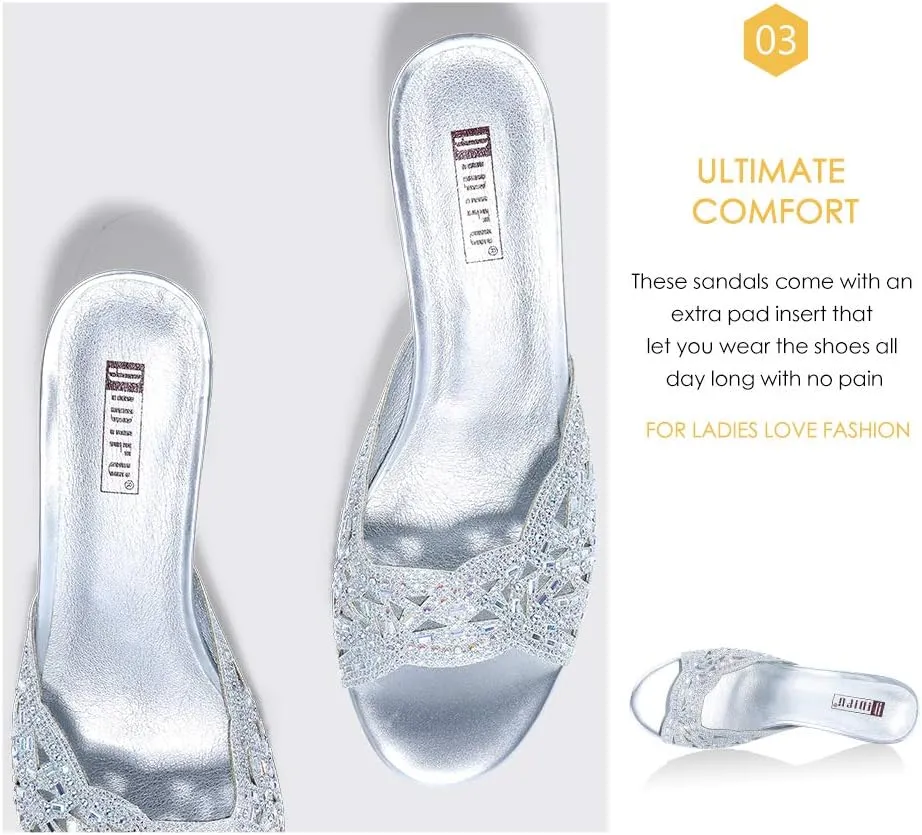 IDIFU Womens Silver Gold Wedding Shoes For Bride Bridesmaid Low Kitten Peep Toe Heels Dress Sandals Glitter Formal Slide Mules With Heel