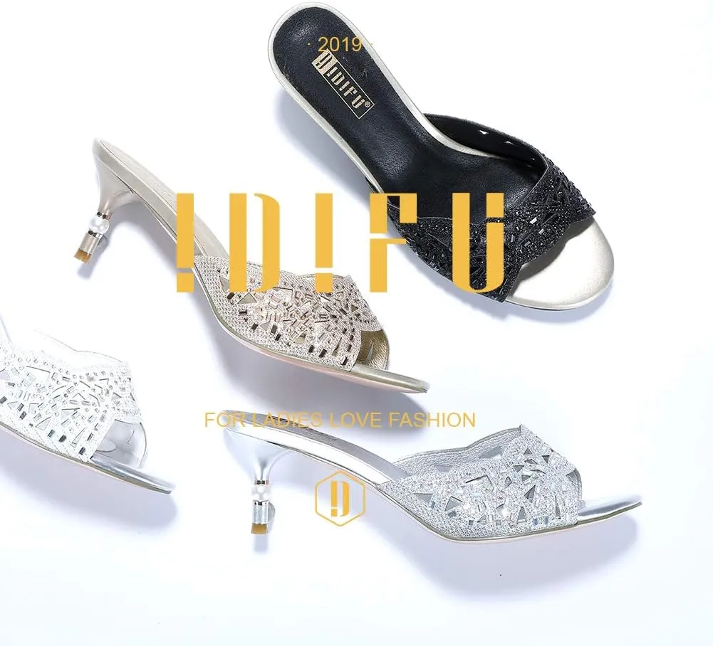 IDIFU Womens Silver Gold Wedding Shoes For Bride Bridesmaid Low Kitten Peep Toe Heels Dress Sandals Glitter Formal Slide Mules With Heel