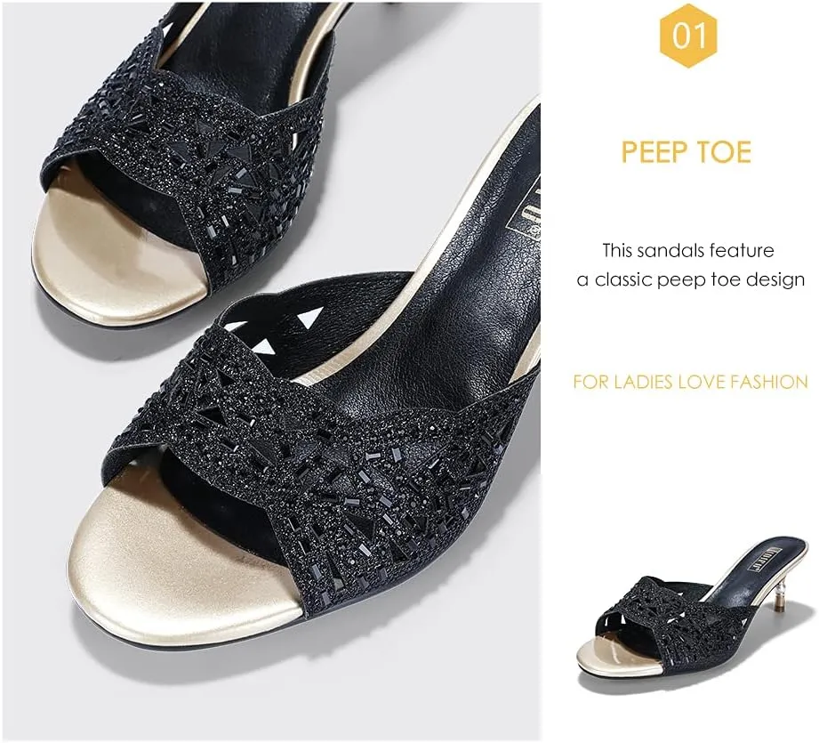 IDIFU Womens Silver Gold Wedding Shoes For Bride Bridesmaid Low Kitten Peep Toe Heels Dress Sandals Glitter Formal Slide Mules With Heel