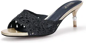 IDIFU Womens Silver Gold Wedding Shoes For Bride Bridesmaid Low Kitten Peep Toe Heels Dress Sandals Glitter Formal Slide Mules With Heel