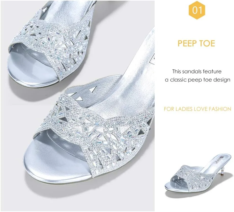 IDIFU Womens Silver Gold Wedding Shoes For Bride Bridesmaid Low Kitten Peep Toe Heels Dress Sandals Glitter Formal Slide Mules With Heel