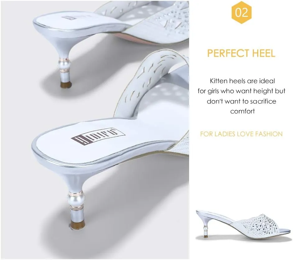 IDIFU Womens Silver Gold Wedding Shoes For Bride Bridesmaid Low Kitten Peep Toe Heels Dress Sandals Glitter Formal Slide Mules With Heel