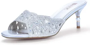 IDIFU Womens Silver Gold Wedding Shoes For Bride Bridesmaid Low Kitten Peep Toe Heels Dress Sandals Glitter Formal Slide Mules With Heel