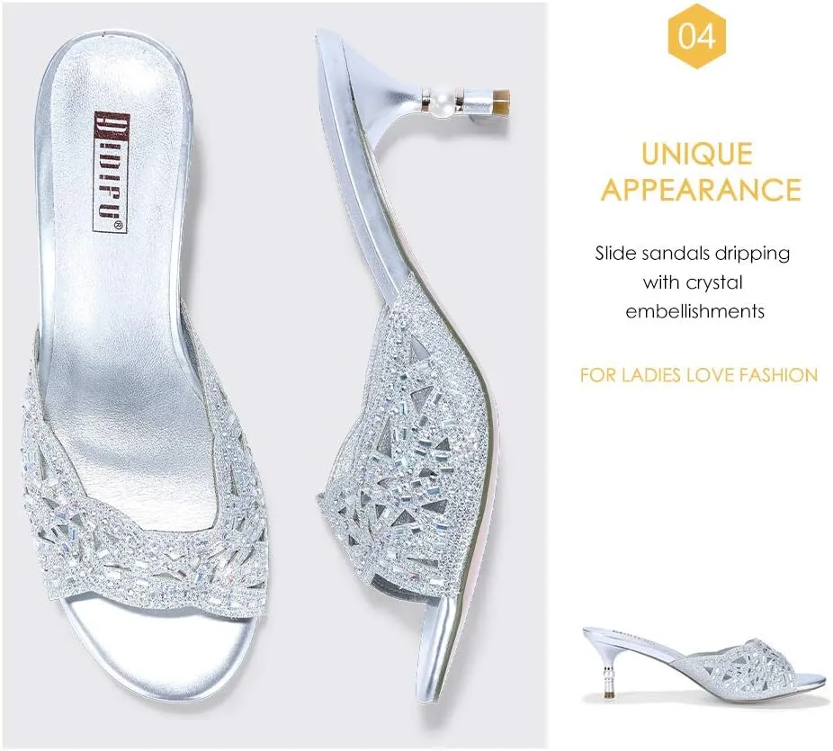 IDIFU Womens Silver Gold Wedding Shoes For Bride Bridesmaid Low Kitten Peep Toe Heels Dress Sandals Glitter Formal Slide Mules With Heel