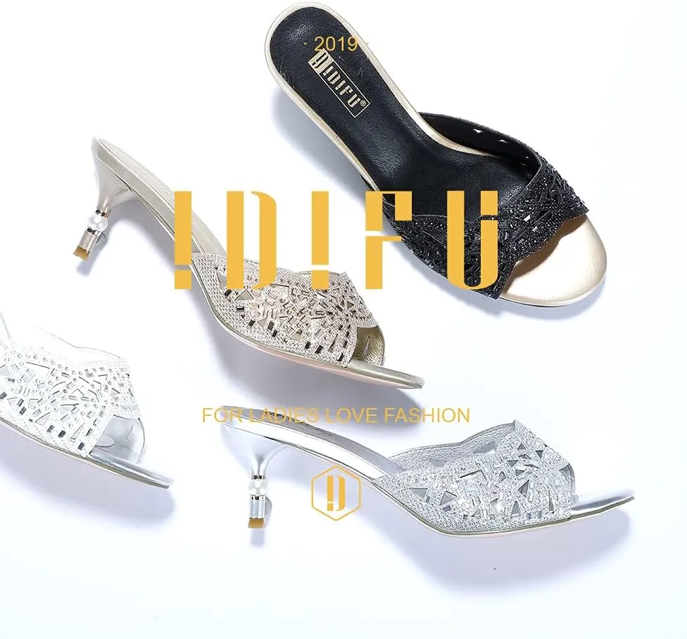 IDIFU Womens Silver Gold Wedding Shoes For Bride Bridesmaid Low Kitten Peep Toe Heels Dress Sandals Glitter Formal Slide Mules With Heel