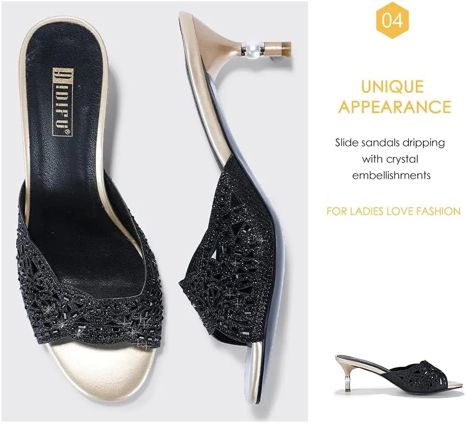 IDIFU Womens Silver Gold Wedding Shoes For Bride Bridesmaid Low Kitten Peep Toe Heels Dress Sandals Glitter Formal Slide Mules With Heel