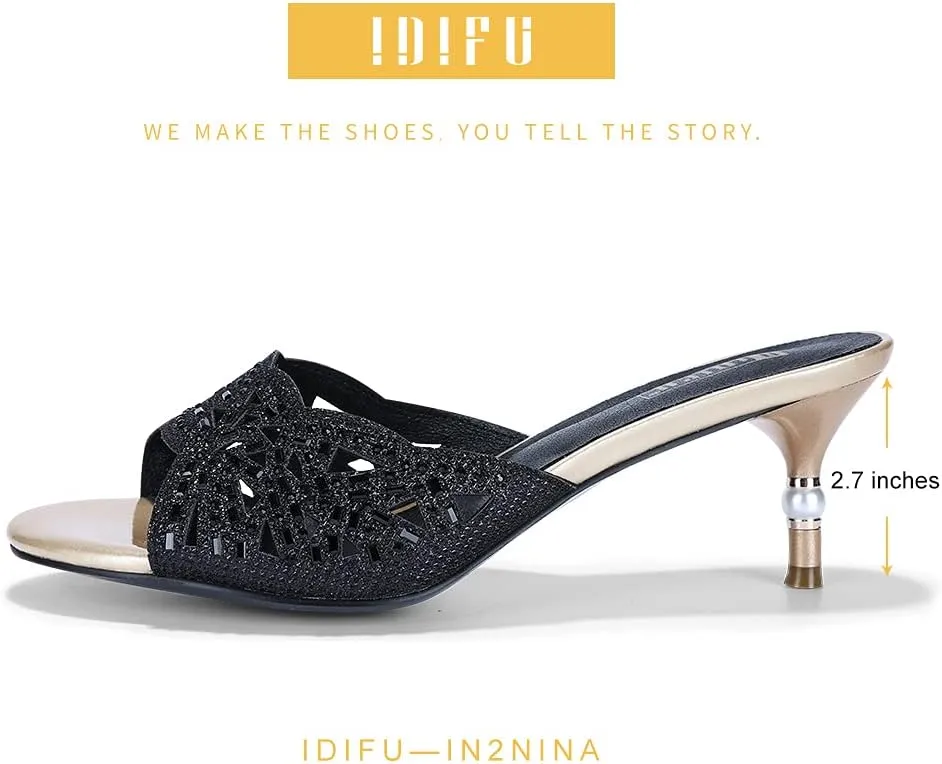IDIFU Womens Silver Gold Wedding Shoes For Bride Bridesmaid Low Kitten Peep Toe Heels Dress Sandals Glitter Formal Slide Mules With Heel
