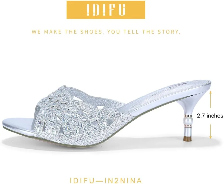 IDIFU Womens Silver Gold Wedding Shoes For Bride Bridesmaid Low Kitten Peep Toe Heels Dress Sandals Glitter Formal Slide Mules With Heel