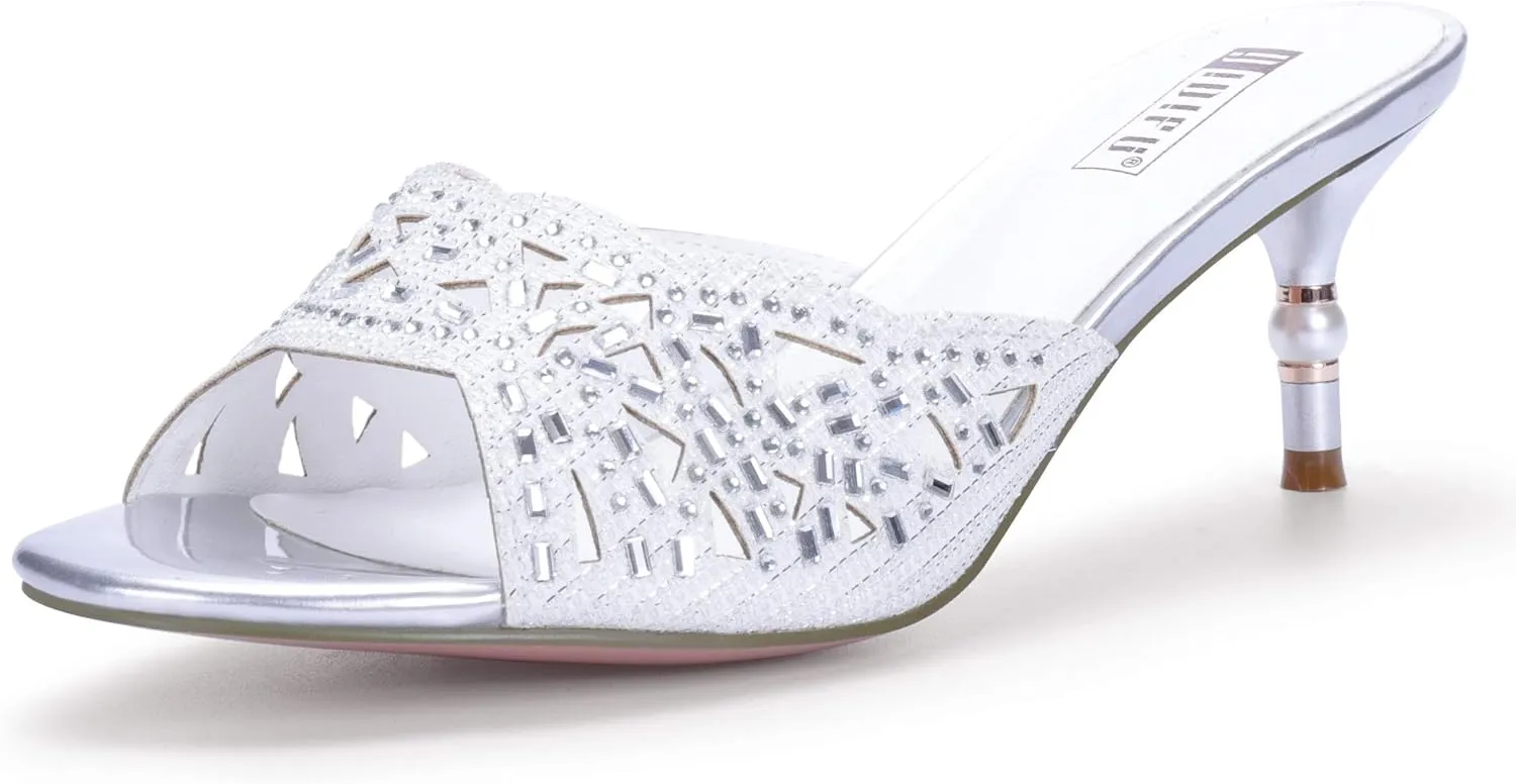 IDIFU Womens Silver Gold Wedding Shoes For Bride Bridesmaid Low Kitten Peep Toe Heels Dress Sandals Glitter Formal Slide Mules With Heel