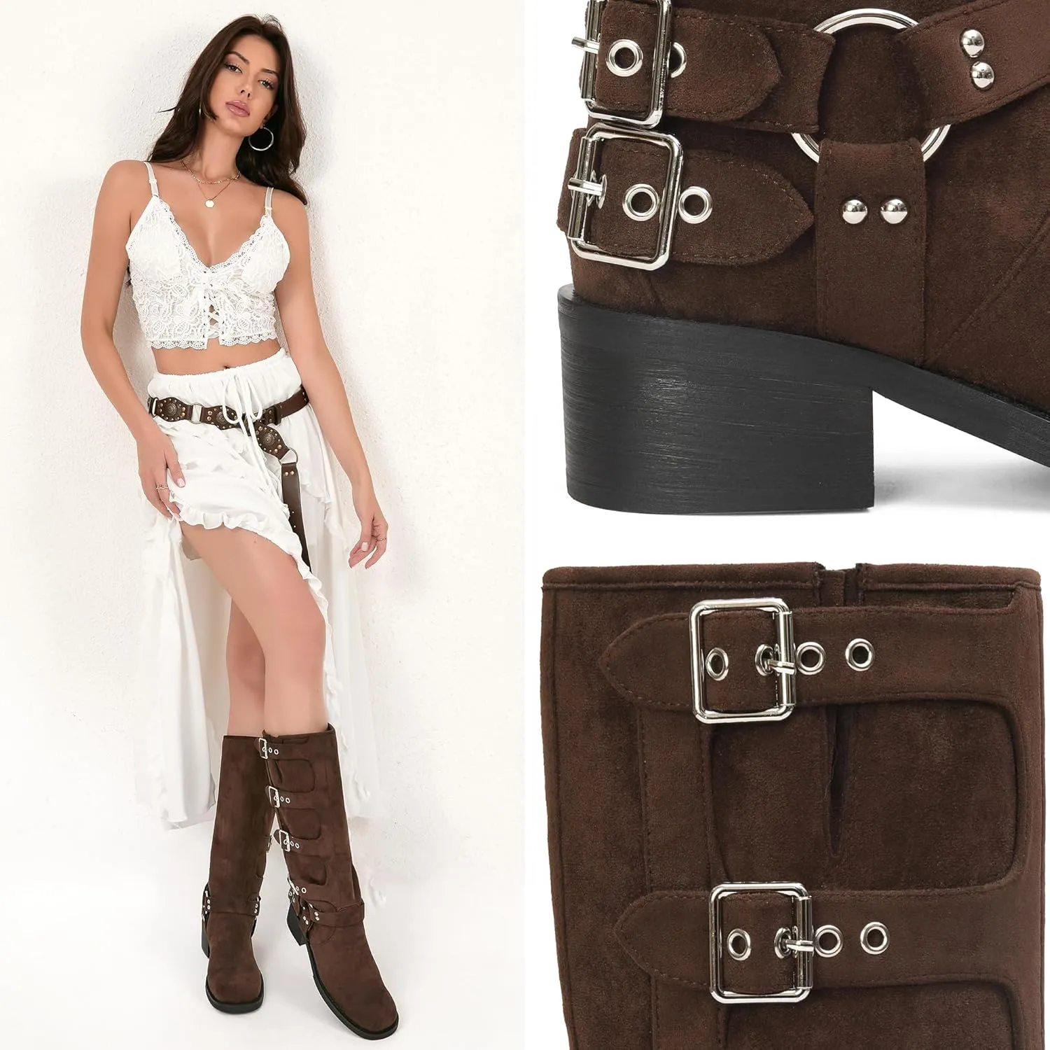 iiimmu Women's Mid Calf Boots 14" Shaft Height Buckle Strap Gothic Motorcycle Boots Retro Punk Style Combat Riding Boot