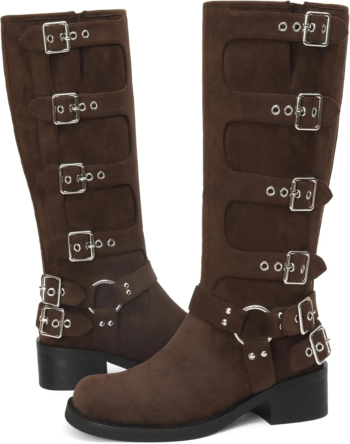 iiimmu Women's Mid Calf Boots 14" Shaft Height Buckle Strap Gothic Motorcycle Boots Retro Punk Style Combat Riding Boot