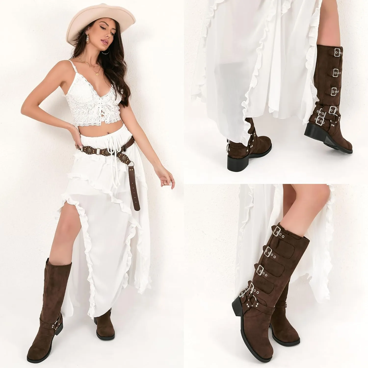 iiimmu Women's Mid Calf Boots 14" Shaft Height Buckle Strap Gothic Motorcycle Boots Retro Punk Style Combat Riding Boot