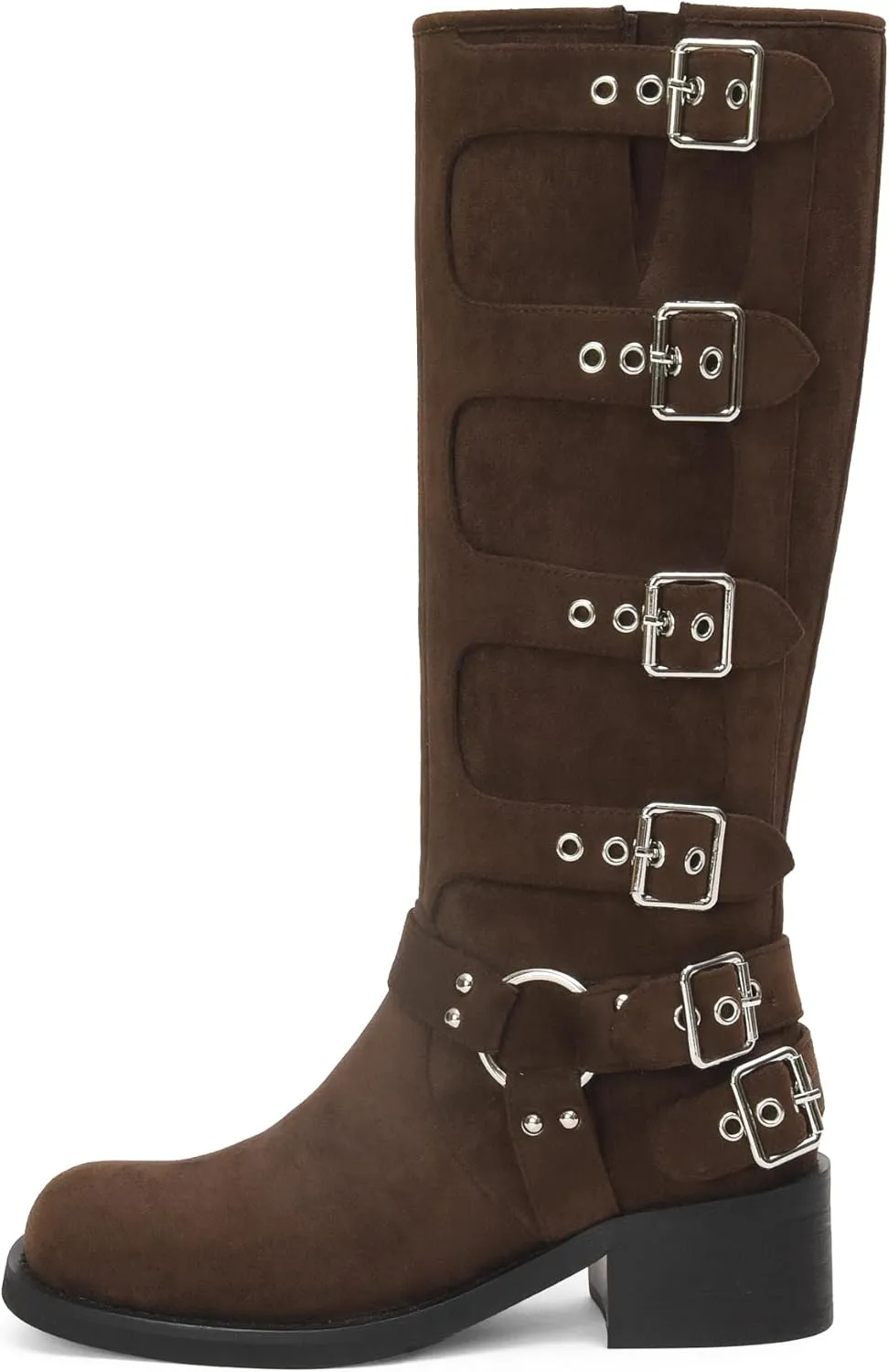 iiimmu Women's Mid Calf Boots 14" Shaft Height Buckle Strap Gothic Motorcycle Boots Retro Punk Style Combat Riding Boot