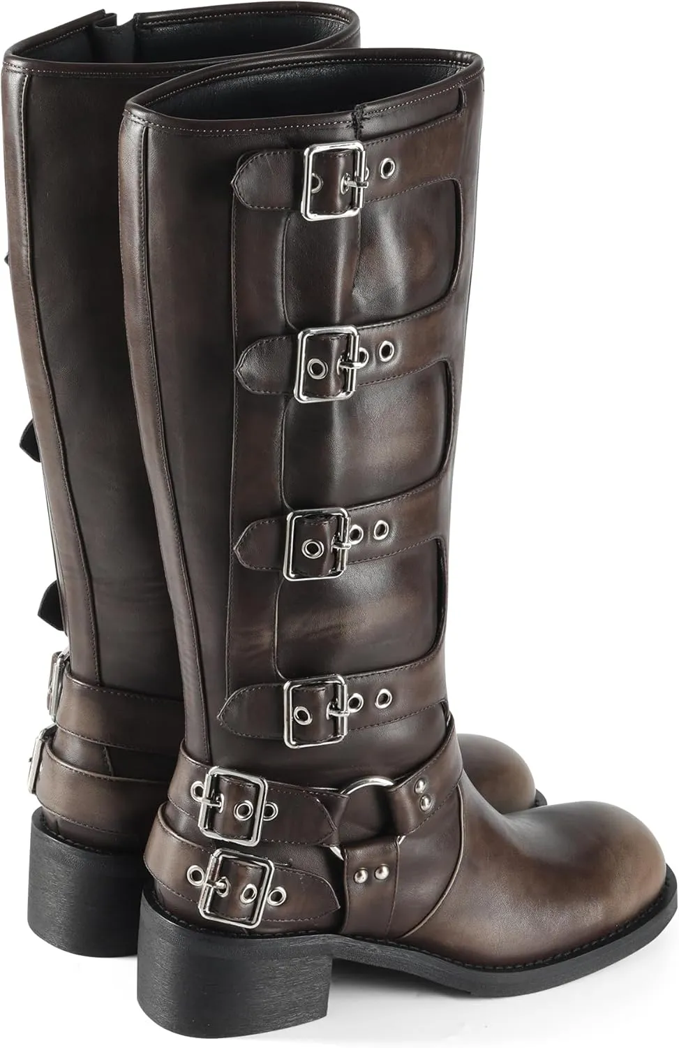 iiimmu Women's Mid Calf Boots 14" Shaft Height Buckle Strap Gothic Motorcycle Boots Retro Punk Style Combat Riding Boot