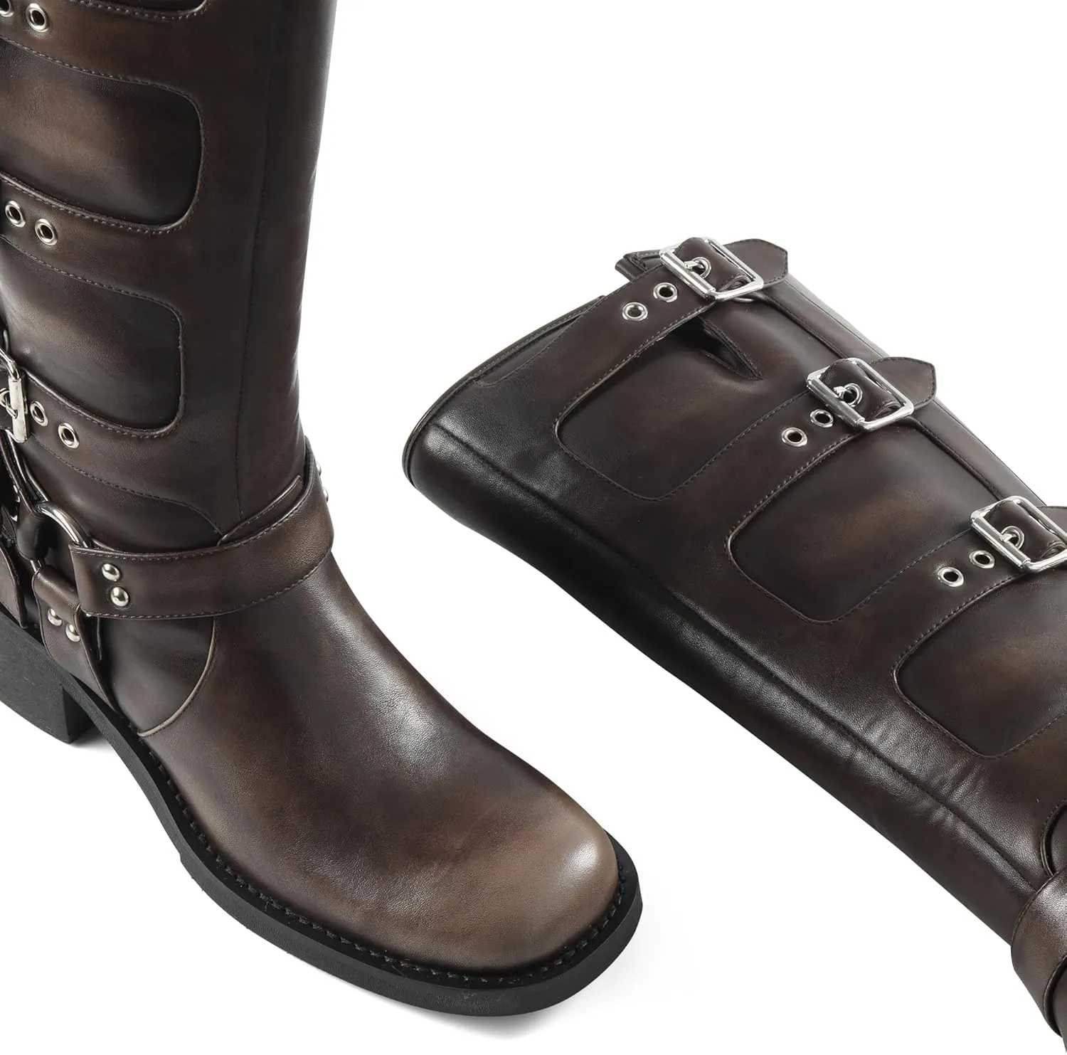 iiimmu Women's Mid Calf Boots 14" Shaft Height Buckle Strap Gothic Motorcycle Boots Retro Punk Style Combat Riding Boot