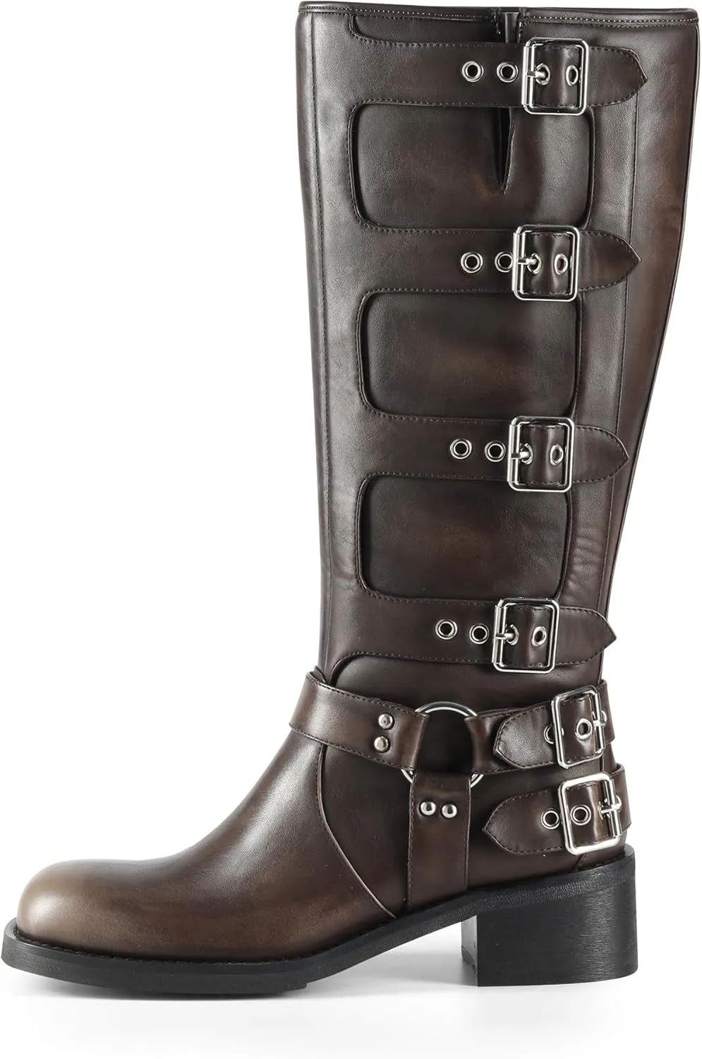 iiimmu Women's Mid Calf Boots 14" Shaft Height Buckle Strap Gothic Motorcycle Boots Retro Punk Style Combat Riding Boot