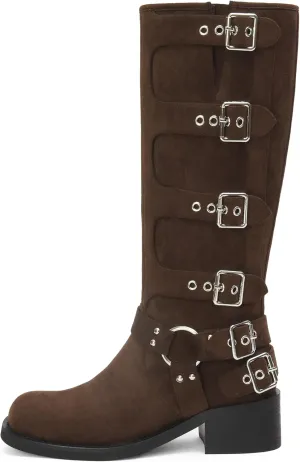 iiimmu Women's Mid Calf Boots 14" Shaft Height Buckle Strap Gothic Motorcycle Boots Retro Punk Style Combat Riding Boot
