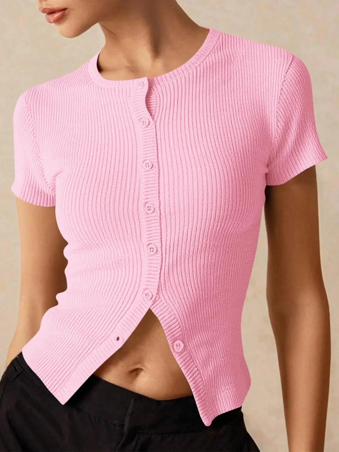 Imily Bela Womens Short Sleeve Sweater Tops Summer Button Down Casual Ribbed Knit Slim Fit Cropped Cardigan Shirts