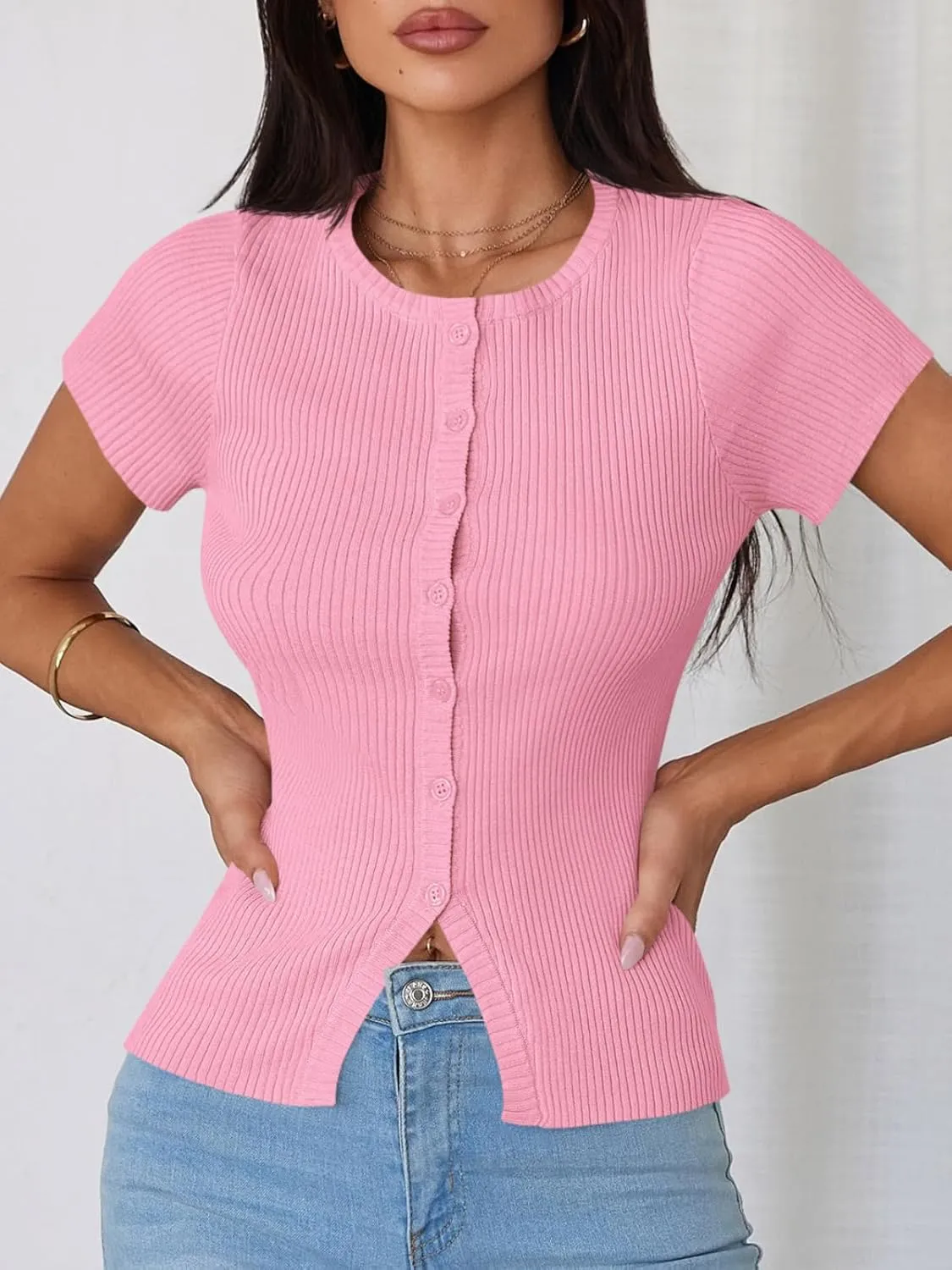 Imily Bela Womens Short Sleeve Sweater Tops Summer Button Down Casual Ribbed Knit Slim Fit Cropped Cardigan Shirts