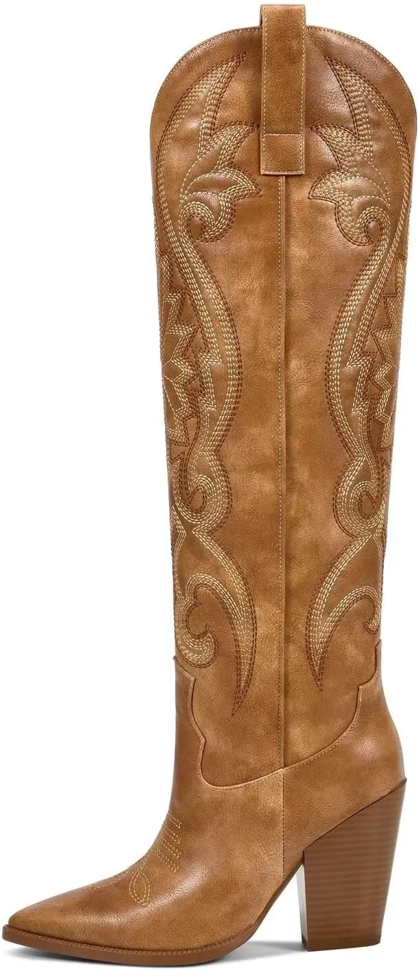ISNOM Womens Cowboy Knee High Boots Cowgirl Boots Western Boots with Embroidered Pointed Toe Chunky Heel Slip on Retro Tall Boots