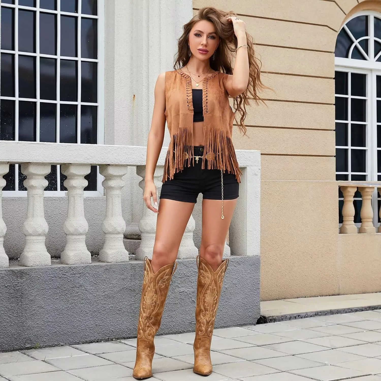 ISNOM Womens Cowboy Knee High Boots Cowgirl Boots Western Boots with Embroidered Pointed Toe Chunky Heel Slip on Retro Tall Boots