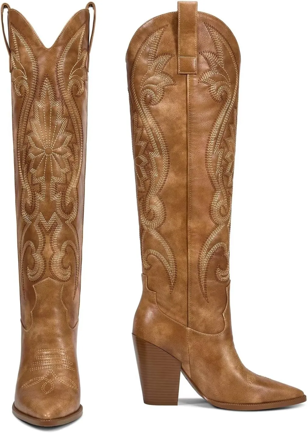 ISNOM Womens Cowboy Knee High Boots Cowgirl Boots Western Boots with Embroidered Pointed Toe Chunky Heel Slip on Retro Tall Boots