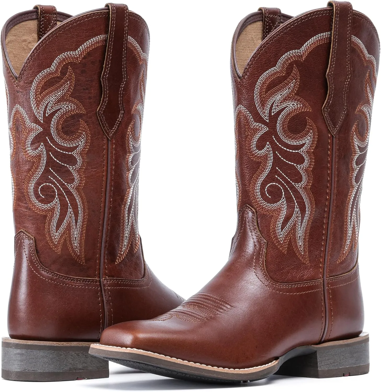 IUV Women's Leather Western Boots Square Toe Cowboy Boots for women Mid Calf Classic Cowgirl Boots Genuine leather toe and heel, textured sheepskin shaft