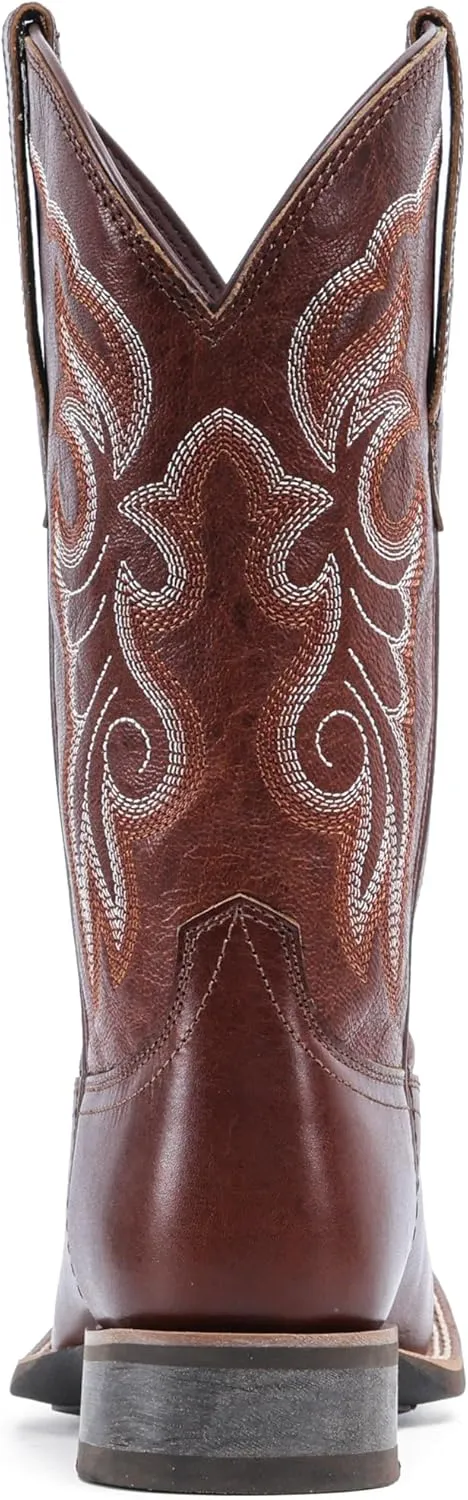 IUV Women's Leather Western Boots Square Toe Cowboy Boots for women Mid Calf Classic Cowgirl Boots Genuine leather toe and heel, textured sheepskin shaft