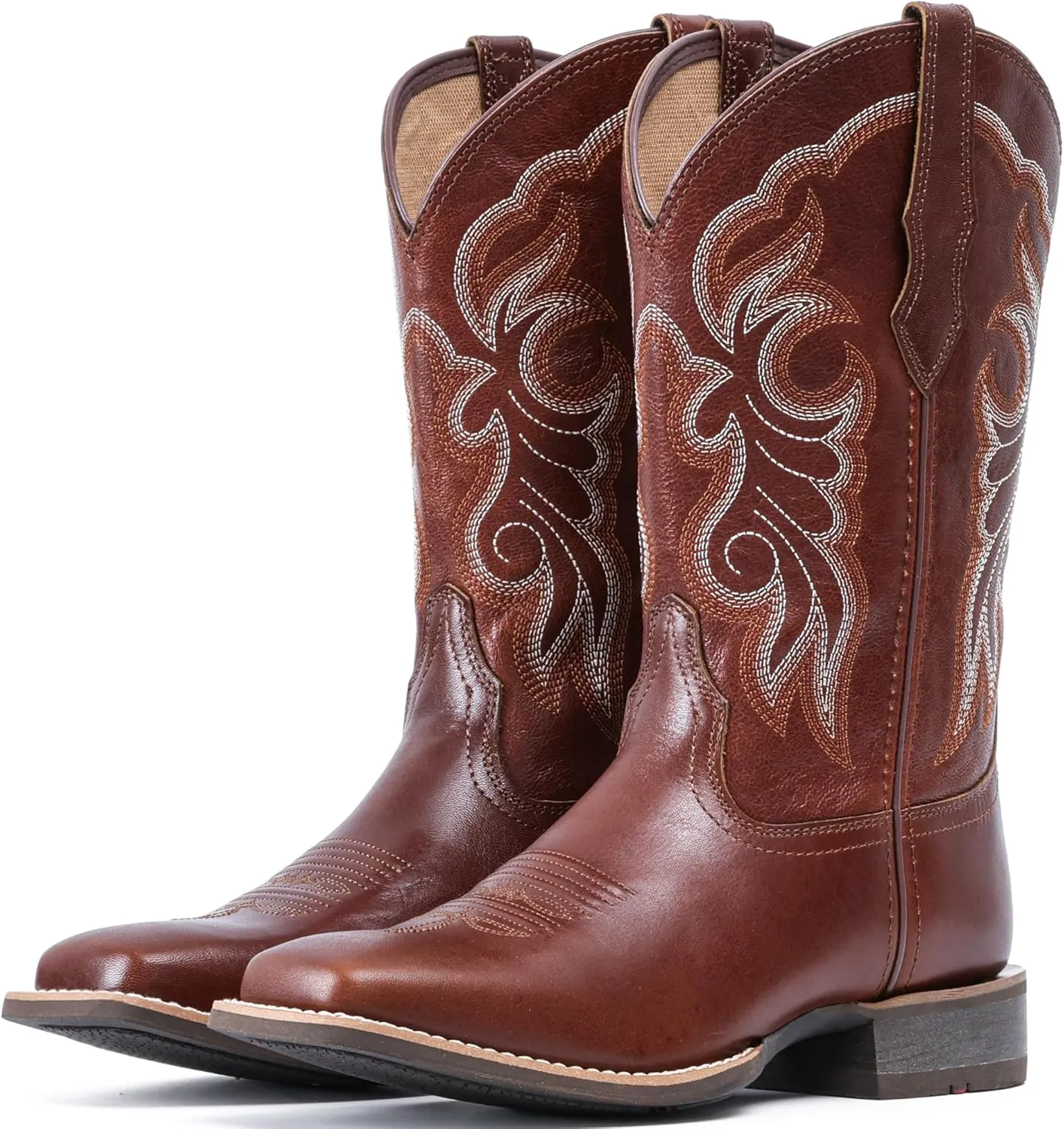 IUV Women's Leather Western Boots Square Toe Cowboy Boots for women Mid Calf Classic Cowgirl Boots Genuine leather toe and heel, textured sheepskin shaft
