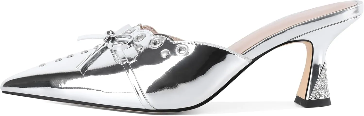 Joseywade Mule Heels For Women Bow Tie Kitten Heels Rhinestone Pointed Toe Studded Slip on Shoes US Size 5-13