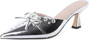 Joseywade Mule Heels For Women Bow Tie Kitten Heels Rhinestone Pointed Toe Studded Slip on Shoes US Size 5-13