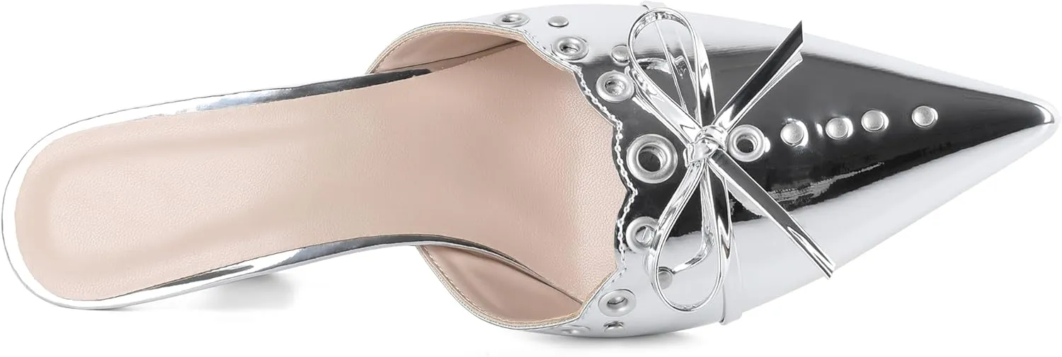 Joseywade Mule Heels For Women Bow Tie Kitten Heels Rhinestone Pointed Toe Studded Slip on Shoes US Size 5-13