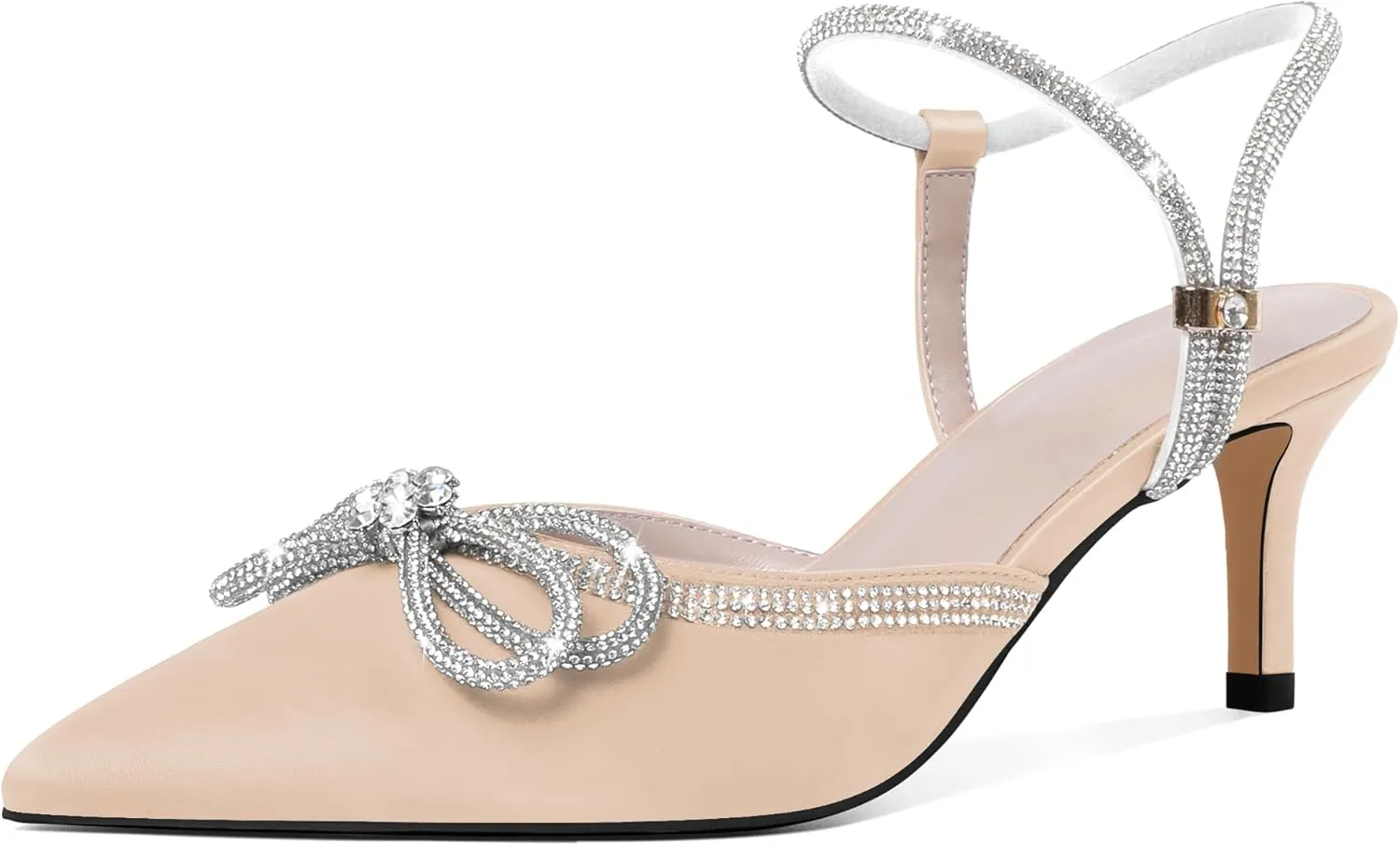 Joseywade Rhinestone Bow Heels Low Kitten Heel Glitter Double Bow Pumps Pointed Toe Women Slingback Adjustable Ankle Strap Shoes for Wedding Bridal Bridesmaid Engagement Bachelorette