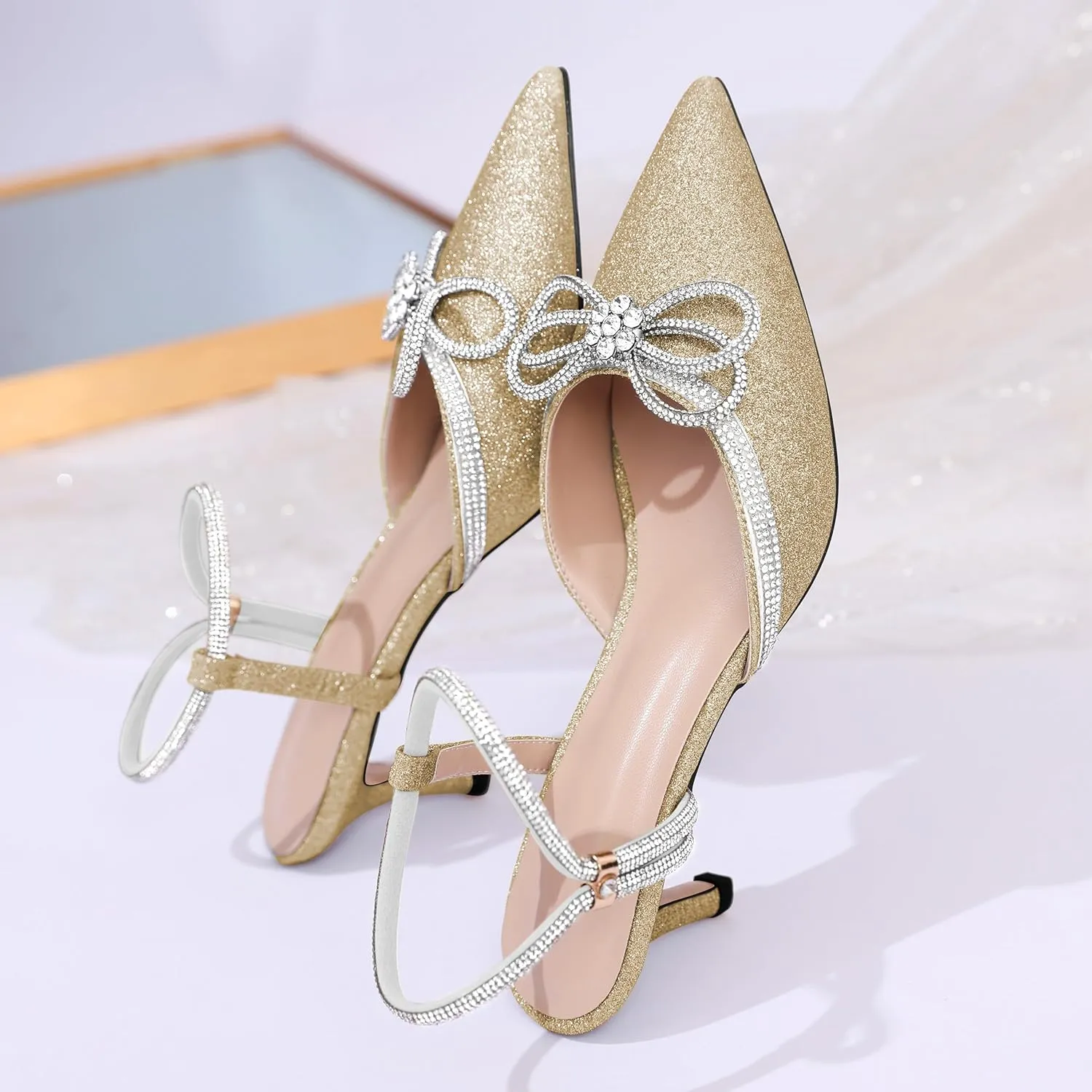 Joseywade Rhinestone Bow Heels Low Kitten Heel Glitter Double Bow Pumps Pointed Toe Women Slingback Adjustable Ankle Strap Shoes for Wedding Bridal Bridesmaid Engagement Bachelorette