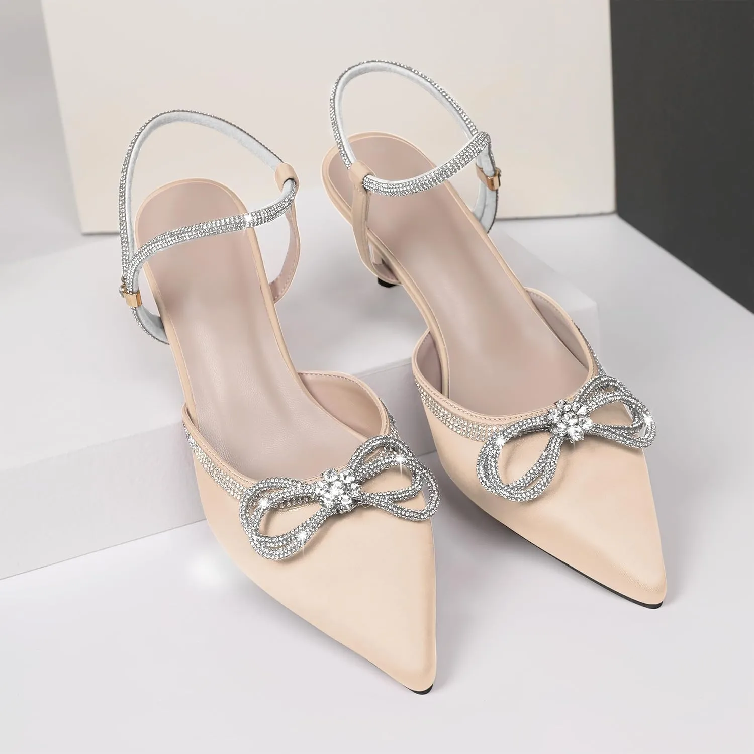 Joseywade Rhinestone Bow Heels Low Kitten Heel Glitter Double Bow Pumps Pointed Toe Women Slingback Adjustable Ankle Strap Shoes for Wedding Bridal Bridesmaid Engagement Bachelorette