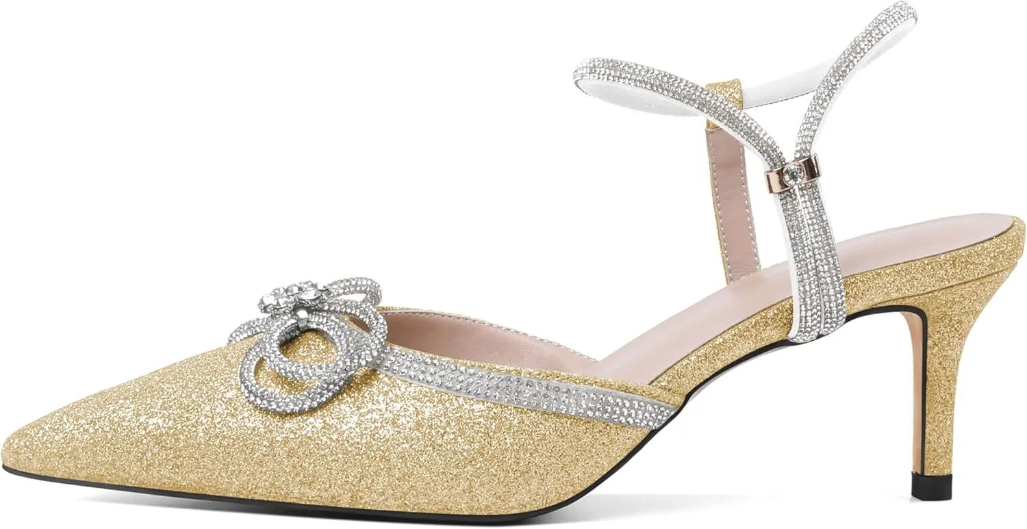 Joseywade Rhinestone Bow Heels Low Kitten Heel Glitter Double Bow Pumps Pointed Toe Women Slingback Adjustable Ankle Strap Shoes for Wedding Bridal Bridesmaid Engagement Bachelorette