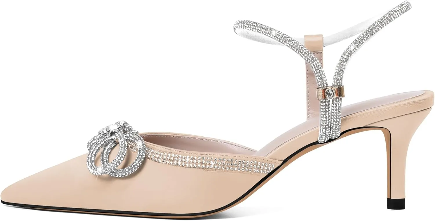 Joseywade Rhinestone Bow Heels Low Kitten Heel Glitter Double Bow Pumps Pointed Toe Women Slingback Adjustable Ankle Strap Shoes for Wedding Bridal Bridesmaid Engagement Bachelorette