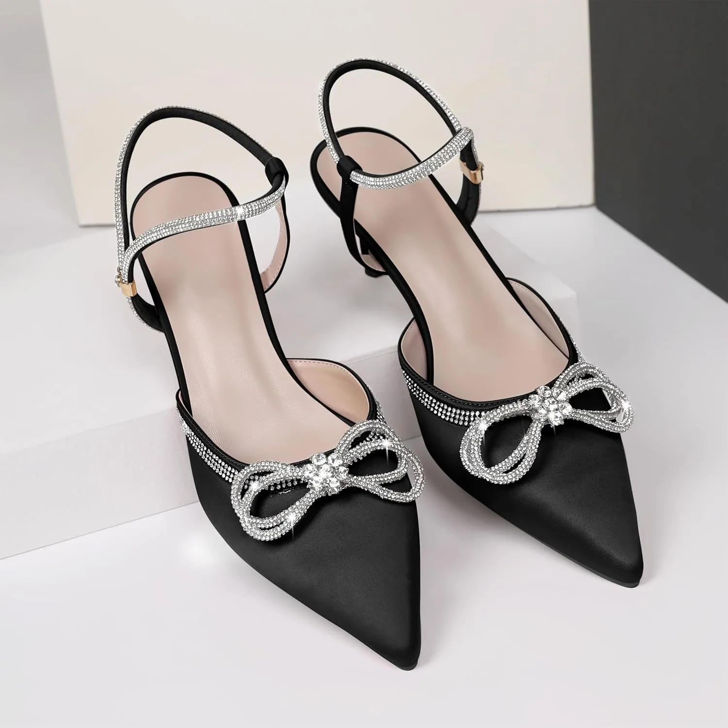 Joseywade Rhinestone Bow Heels Low Kitten Heel Glitter Double Bow Pumps Pointed Toe Women Slingback Adjustable Ankle Strap Shoes for Wedding Bridal Bridesmaid Engagement Bachelorette