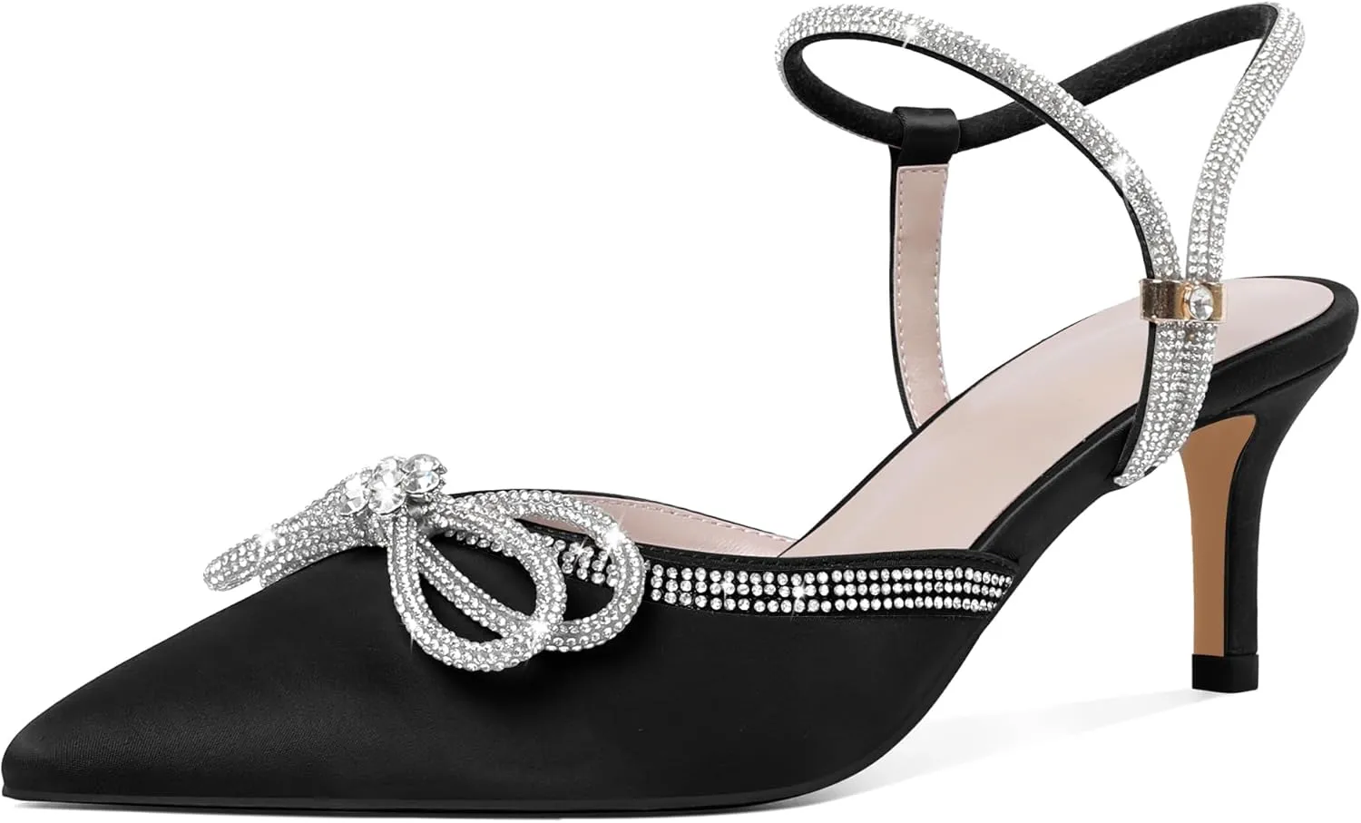 Joseywade Rhinestone Bow Heels Low Kitten Heel Glitter Double Bow Pumps Pointed Toe Women Slingback Adjustable Ankle Strap Shoes for Wedding Bridal Bridesmaid Engagement Bachelorette