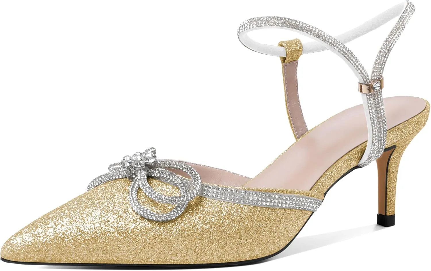 Joseywade Rhinestone Bow Heels Low Kitten Heel Glitter Double Bow Pumps Pointed Toe Women Slingback Adjustable Ankle Strap Shoes for Wedding Bridal Bridesmaid Engagement Bachelorette