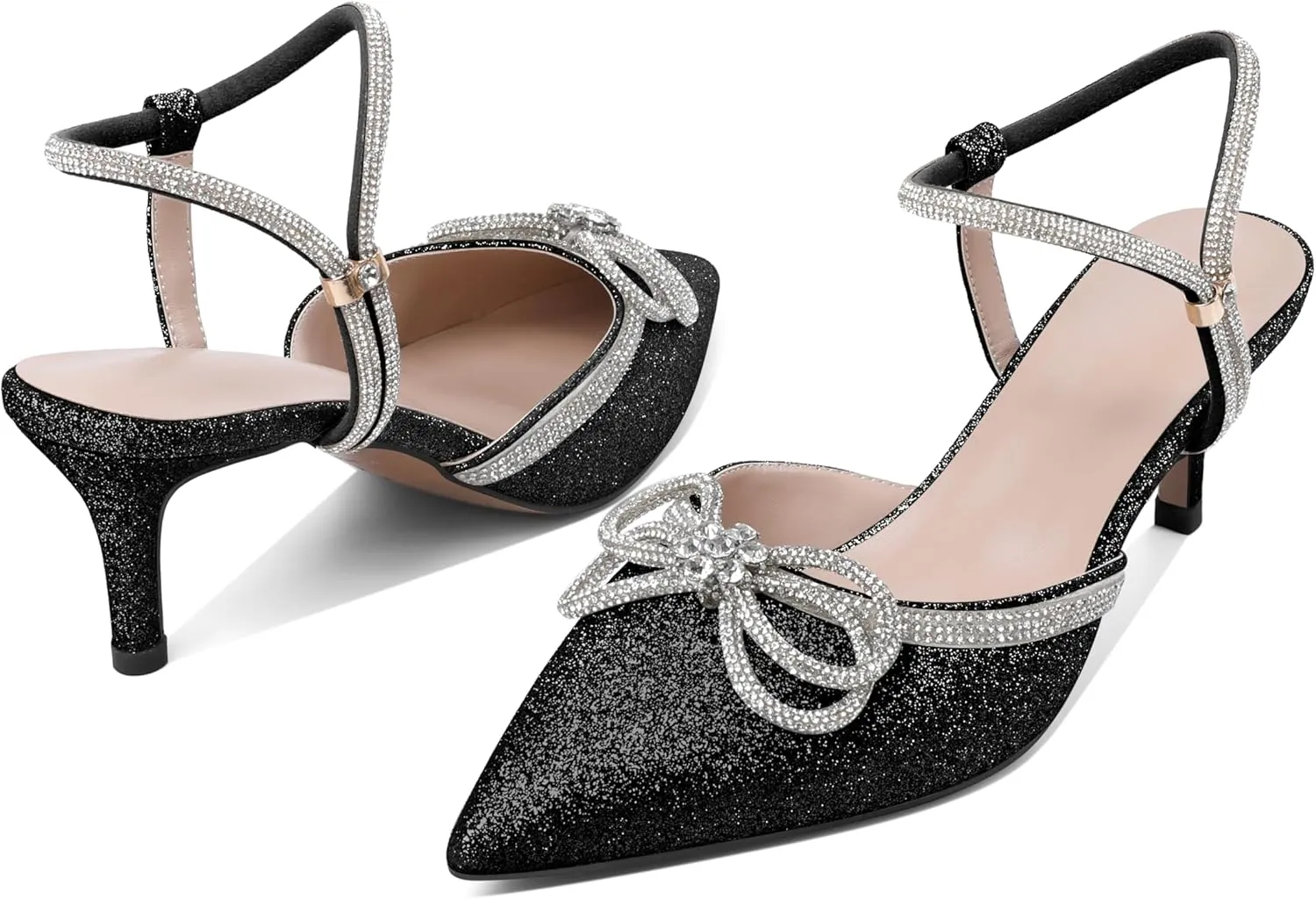 Joseywade Rhinestone Bow Heels Low Kitten Heel Glitter Double Bow Pumps Pointed Toe Women Slingback Adjustable Ankle Strap Shoes for Wedding Bridal Bridesmaid Engagement Bachelorette