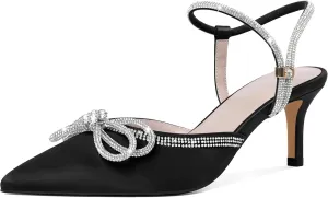 Joseywade Rhinestone Bow Heels Low Kitten Heel Glitter Double Bow Pumps Pointed Toe Women Slingback Adjustable Ankle Strap Shoes for Wedding Bridal Bridesmaid Engagement Bachelorette