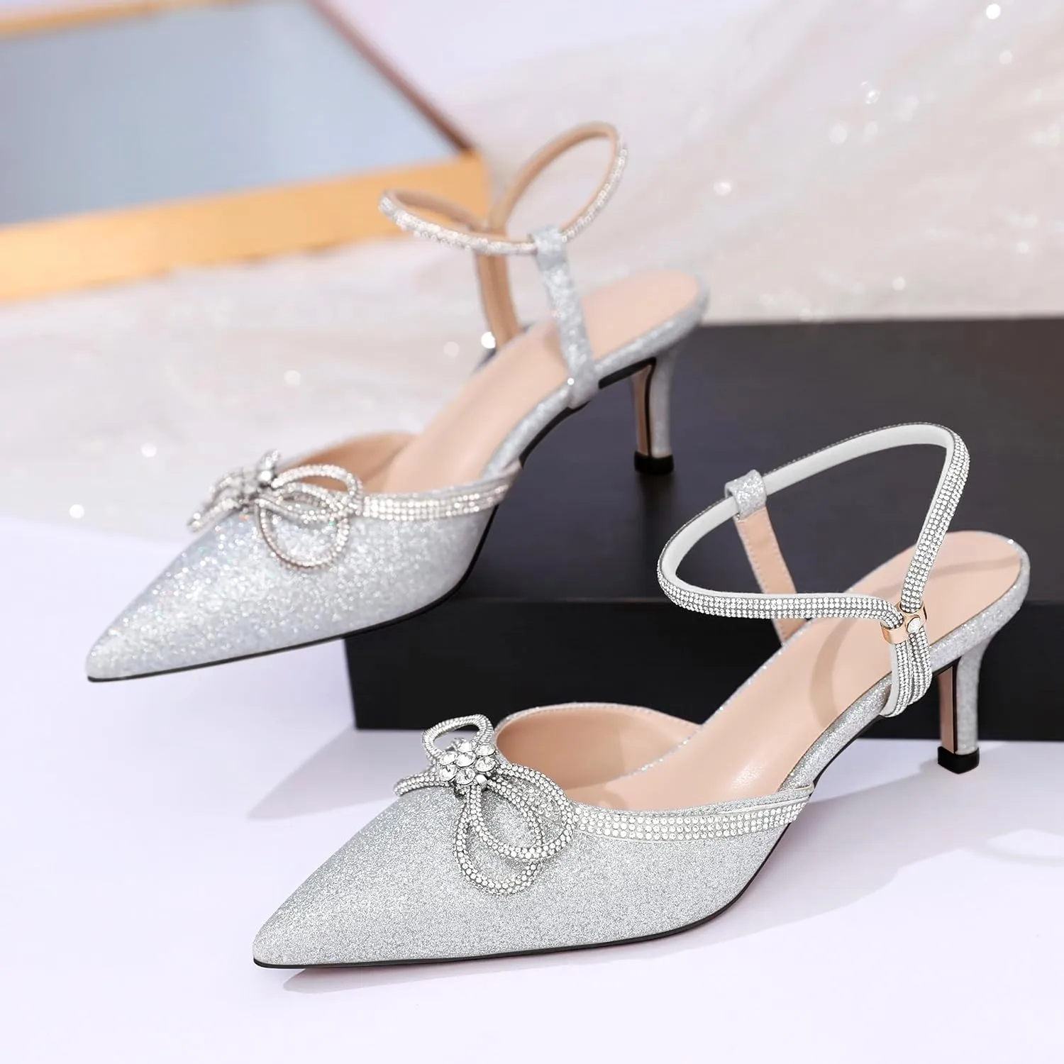 Joseywade Rhinestone Bow Heels Low Kitten Heel Glitter Double Bow Pumps Pointed Toe Women Slingback Adjustable Ankle Strap Shoes for Wedding Bridal Bridesmaid Engagement Bachelorette