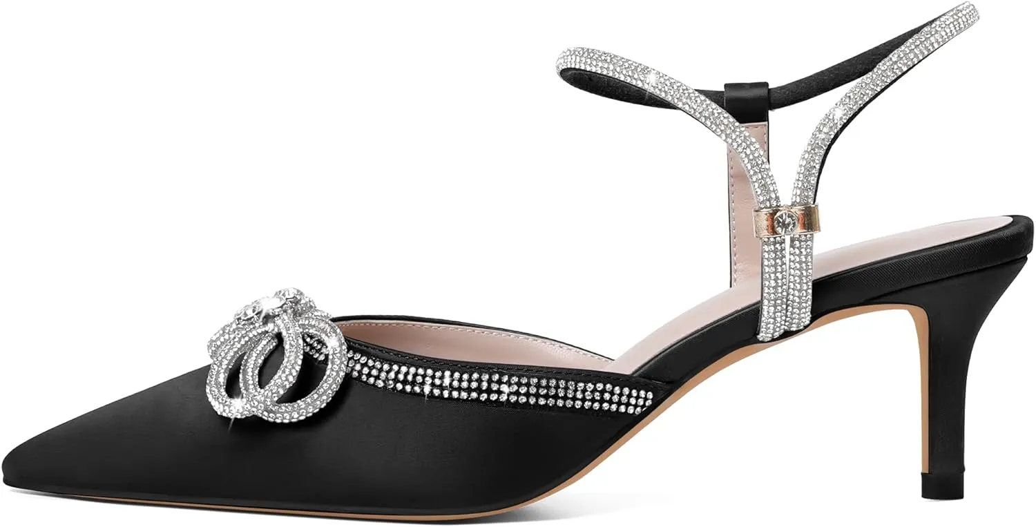 Joseywade Rhinestone Bow Heels Low Kitten Heel Glitter Double Bow Pumps Pointed Toe Women Slingback Adjustable Ankle Strap Shoes for Wedding Bridal Bridesmaid Engagement Bachelorette