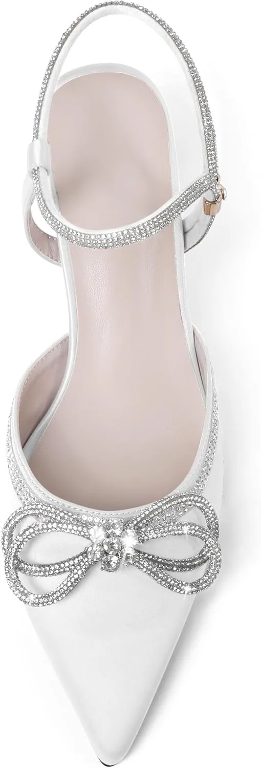 Joseywade Rhinestone Bow Heels Low Kitten Heel Glitter Double Bow Pumps Pointed Toe Women Slingback Adjustable Ankle Strap Shoes for Wedding Bridal Bridesmaid Engagement Bachelorette