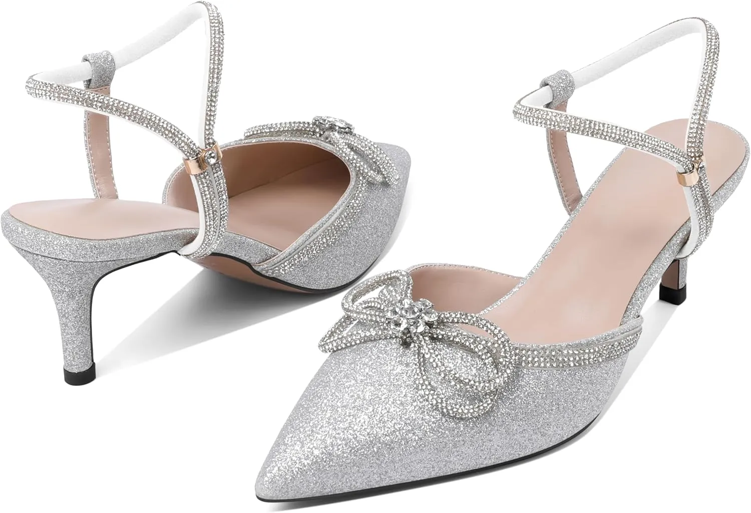 Joseywade Rhinestone Bow Heels Low Kitten Heel Glitter Double Bow Pumps Pointed Toe Women Slingback Adjustable Ankle Strap Shoes for Wedding Bridal Bridesmaid Engagement Bachelorette