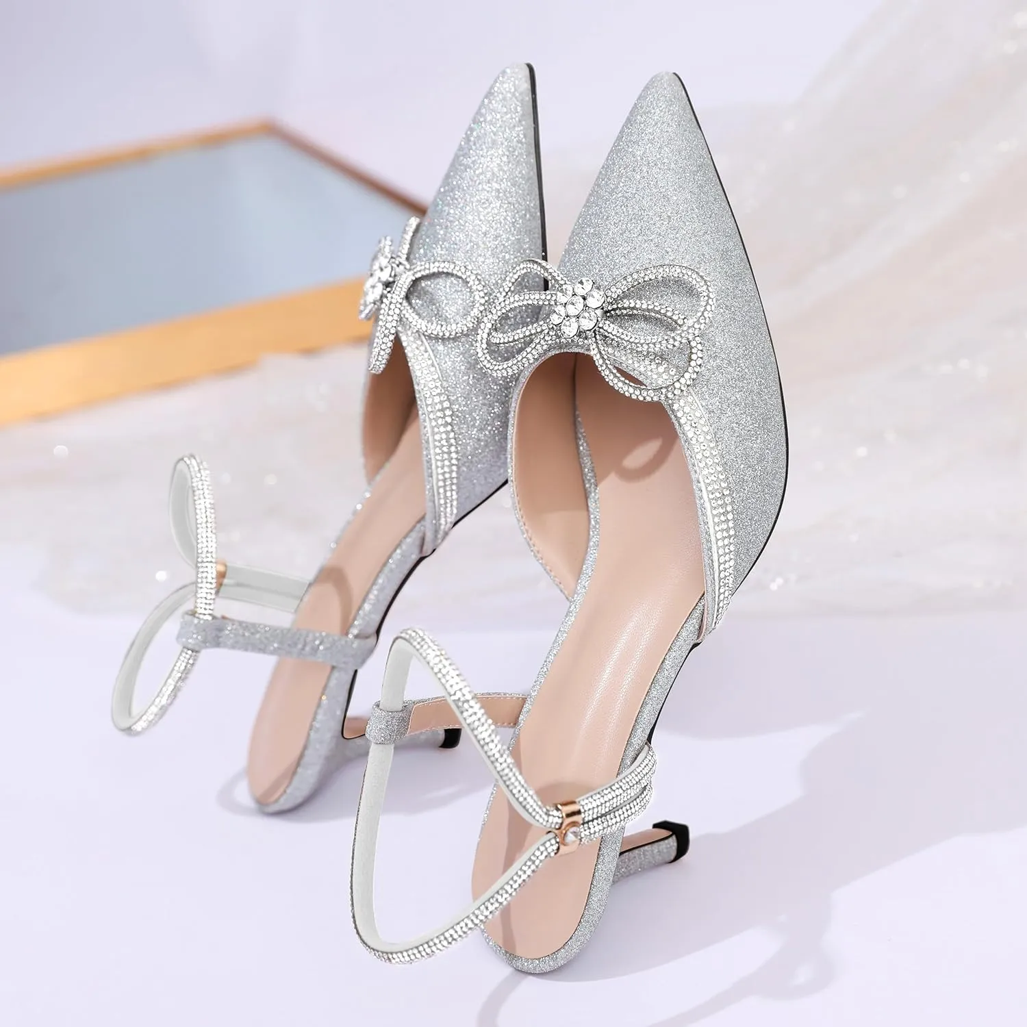 Joseywade Rhinestone Bow Heels Low Kitten Heel Glitter Double Bow Pumps Pointed Toe Women Slingback Adjustable Ankle Strap Shoes for Wedding Bridal Bridesmaid Engagement Bachelorette