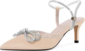 Joseywade Rhinestone Bow Heels Low Kitten Heel Glitter Double Bow Pumps Pointed Toe Women Slingback Adjustable Ankle Strap Shoes for Wedding Bridal Bridesmaid Engagement Bachelorette