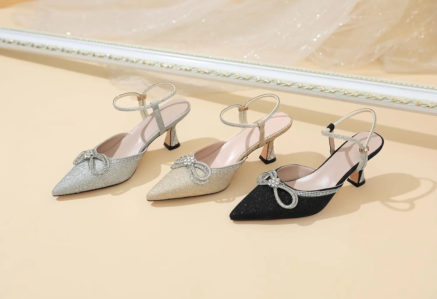 Joseywade Rhinestone Bow Heels Low Kitten Heel Glitter Double Bow Pumps Pointed Toe Women Slingback Adjustable Ankle Strap Shoes for Wedding Bridal Bridesmaid Engagement Bachelorette